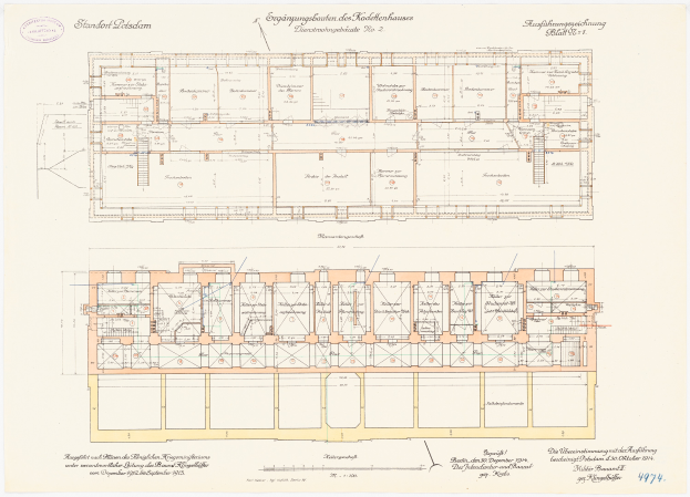 Ein detaillierter Grundrissplan des Stadtplatz-Gebäudes in Dresden, Deutschland, mit zahlreichen Zimmern, Anmerkungen und Texten, die das Layout beschreiben.