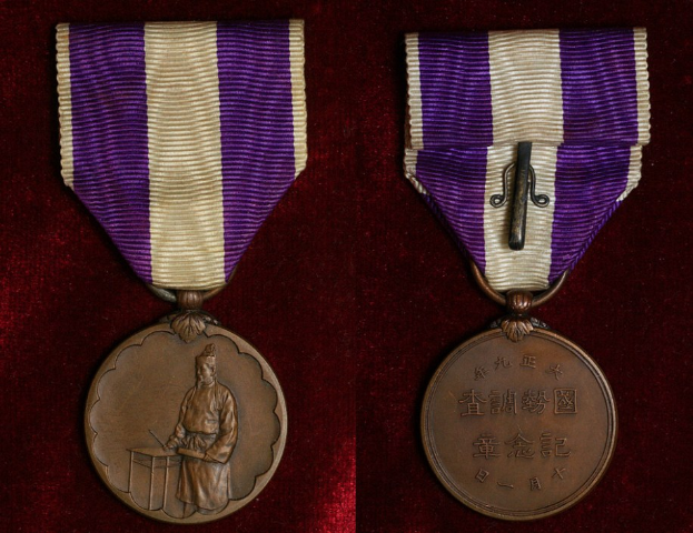 Zwei Medaillen mit lila und weißen Bändern, die mit eingravierter Text versehen sind, auf einer maronenfarbenen Oberfläche.