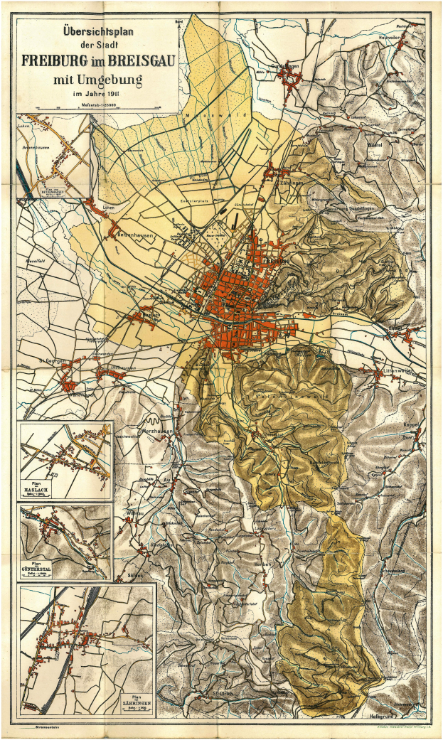 Ein detailliertes altes Stadtplan von Freiburg, Deutschland, der Straßen, Gebäude und Sehenswürdigkeiten zeigt, mit Text oben und unten.