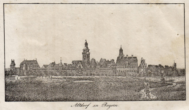 Eine Zeichnung einer Stadt mit einem zentralen Uhrenturm, umgeben von Gebäuden, Bäumen und Gras, mit dem Text "Alterhof in Bayern" unten.