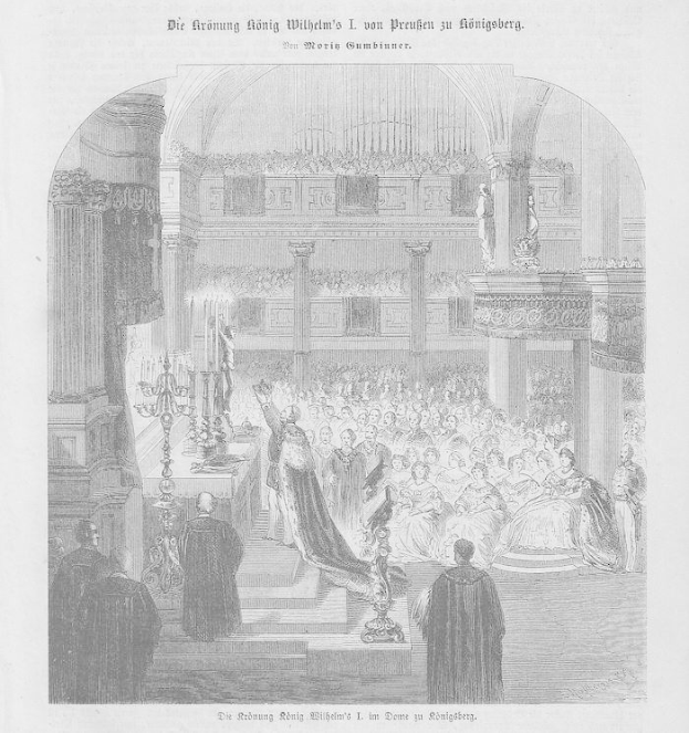 Eine Schwarz-Weiß-Zeichnung einer großen Menschenmenge in einer Kirche, mit einigen Stehenden und einigen Sitzenden, die die Krönung von Wilhelm II. von Deutschland feiern, mit einem Kerzenständer links und Text oben und unten.