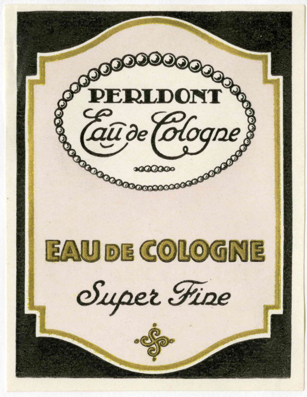 Ein Vintage-Plakat mit der Aufschrift "Perldont Eau de Cologne Super Fine" in fetter, schwarzer Schrift auf einem hellblauen Hintergrund mit einem weißen Rand.