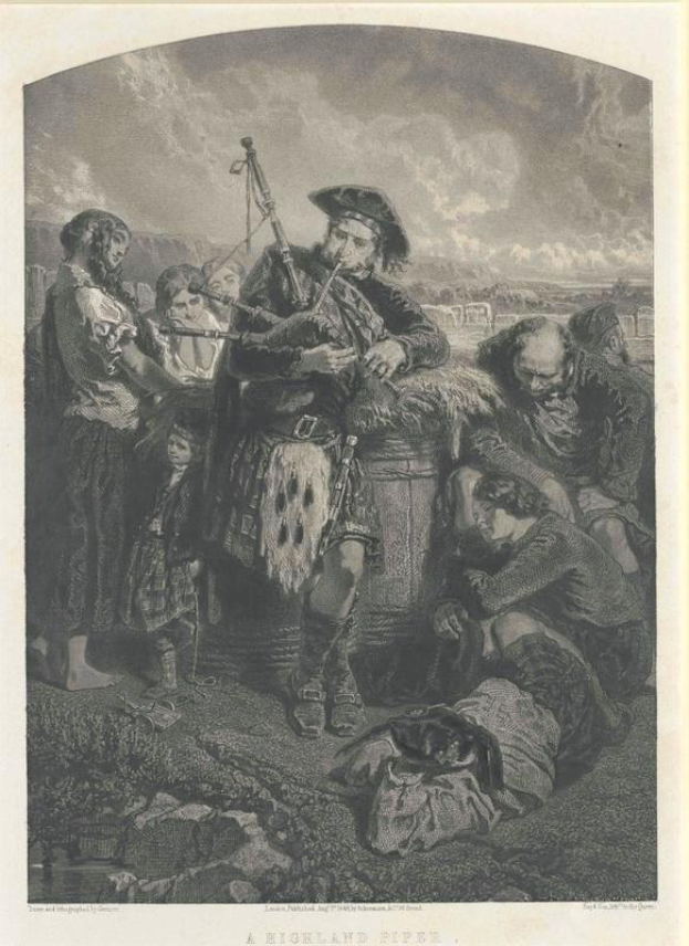 Schwarze und weiße Gravur eines Mannes, der vor einer Gruppe von Menschen unter einem bewölkten Himmel eine Dudelsack spielt, mit dem Text "Ein Highland Dudelsack" unten.