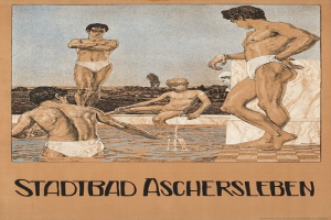 Plakat für ein Schwimmbad in Aschersleben, Deutschland, das Menschen im Wasser zeigt und Text über die Einrichtungen des Schwimmbads.