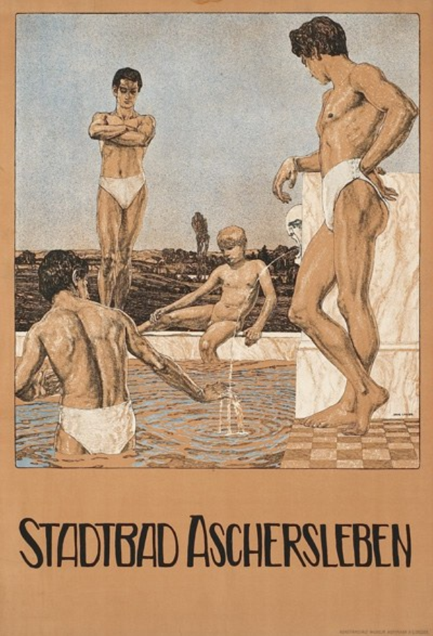 Plakat für ein Schwimmbad in Aschersleben, Deutschland, das Menschen im Wasser zeigt und Text über die Einrichtungen des Schwimmbads.
