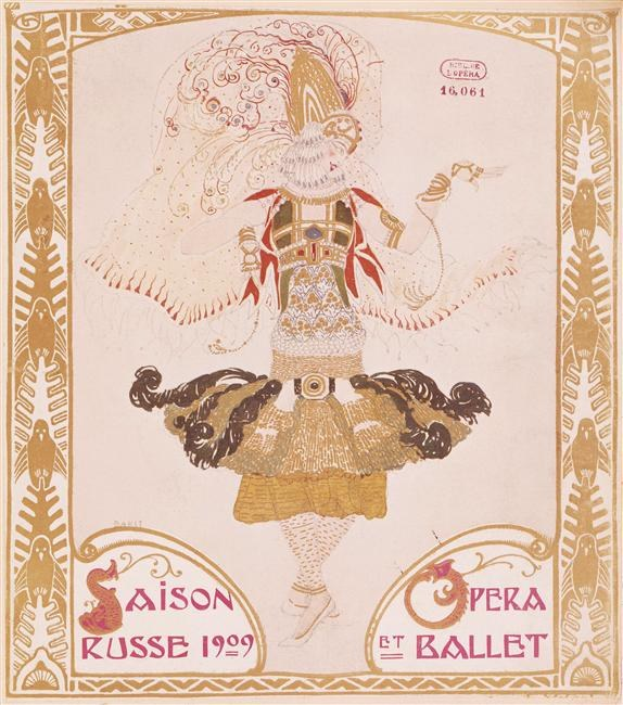 Ein Plakat, das eine Balletaufführung in Paris im Jahr 1909 ankündigt, mit einem Gemälde einer Person in einer anmutigen Pose, darüber in fetter Schrift 'Saison Russe' und 'Opera et Ballet'.