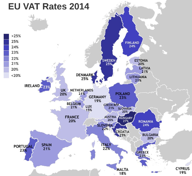 Eine Karte von Europa, die die EU-VAT-Sätze von 2014 mit entsprechenden Prozentangaben und Text anzeigt.
