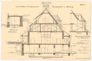 Schwarz-weißes Architekturzeichnung eines Hauses mit zahlreichen Fenstern und einem geneigten Dach, beschriftet als Deutschlands erstes Haus, begleitet von detaillierten Bauplänen und Text.