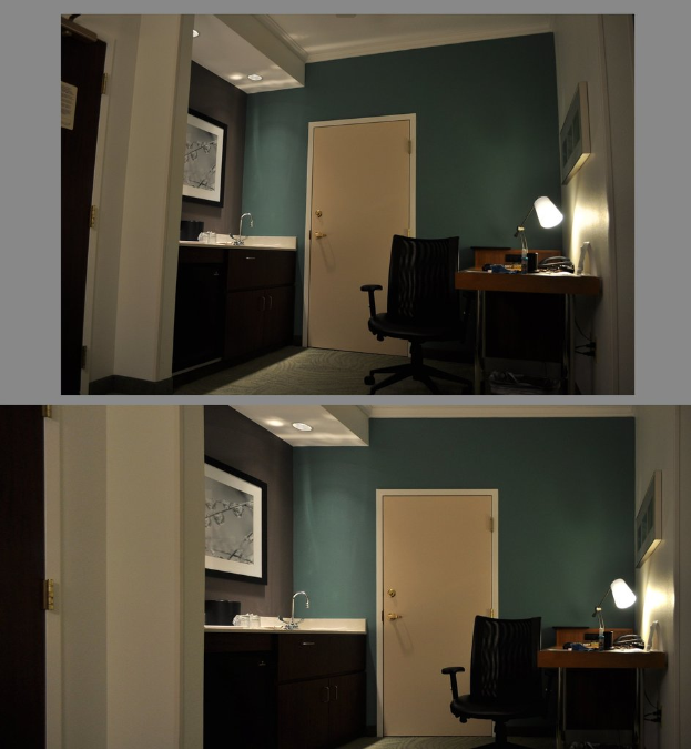 Ein Fotocollage, das einen Raum mit einem Stuhl und einem Tisch in der Mitte, eine grüne Tür und Wand dahinter, ein Waschbecken und ein Gemälde auf der linken Wand und eine weitere Tür auf der rechten Wand zeigt.