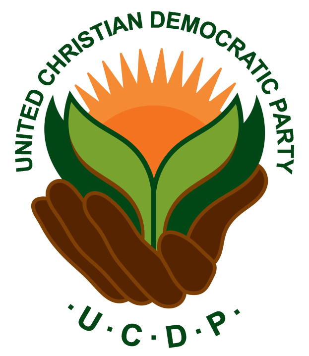 Logo der Vereinigten Christdemokraten (UCDP): eine Hand, die eine leuchtend gelbe Blume mit einem grünen Stiel und Blättern hält, mittig innerhalb eines blauen und gelben Kreises auf einem weißen Hintergrund, mit der schwarzen Schrift 'UCDP' darunter.
