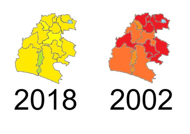 Karte von Deutschland, die die Provinzgrenzen von 2002 und 2018 zeigt, wobei die Bereiche von 2002 in Gelb und Rot und die von 2018 in Orange hervorgehoben sind, auf einem weißen Hintergrund mit Text.