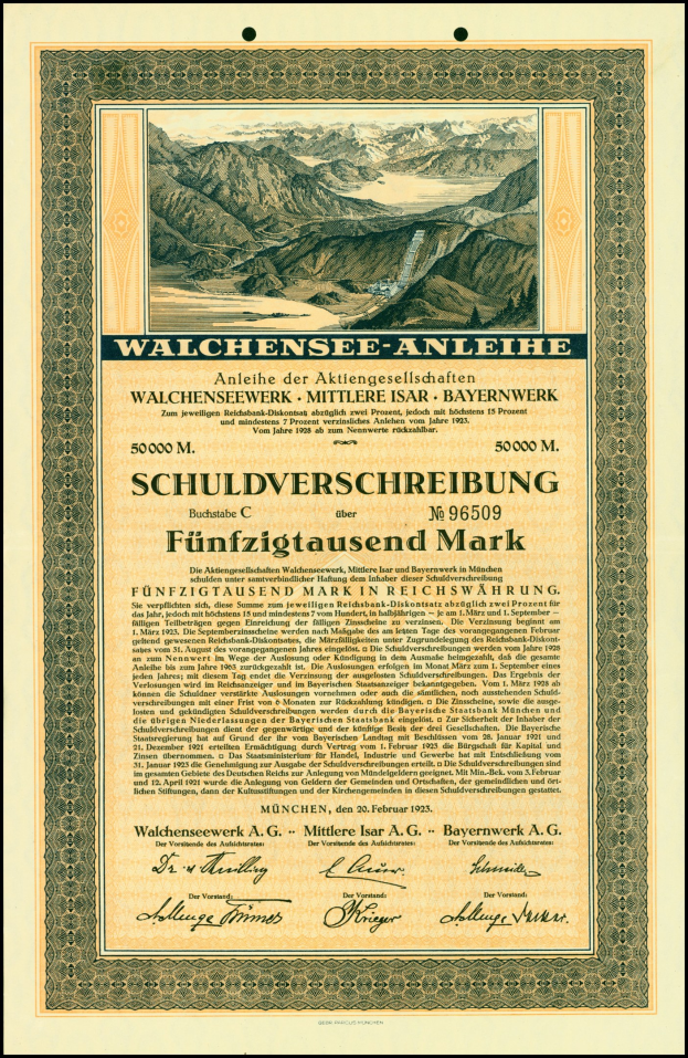 Altes Aktienzertifikat mit einer Berglandschaft-Illustration und gedrucktem Text, der wahrscheinlich Börseninformationen enthält.
