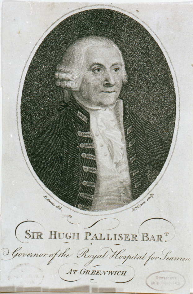 Ein Schwarz-Weiß-Porträt von Sir Hugh Palliser Bar, der einen Anzug trägt und ernst schaut, mit Text am unteren Bildrand.