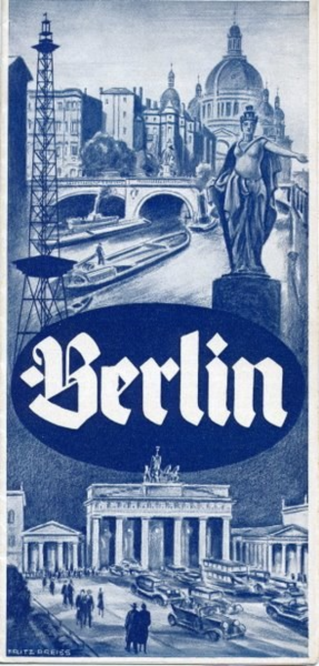 Plakatwerbung Berlin, Deutschland, mit einer Statue, historischen Gebäuden, dem Fernsehturm, Passanten, Fahrzeugen auf einer Straße und einer Brücke, mit Text zur Stadtinformation.