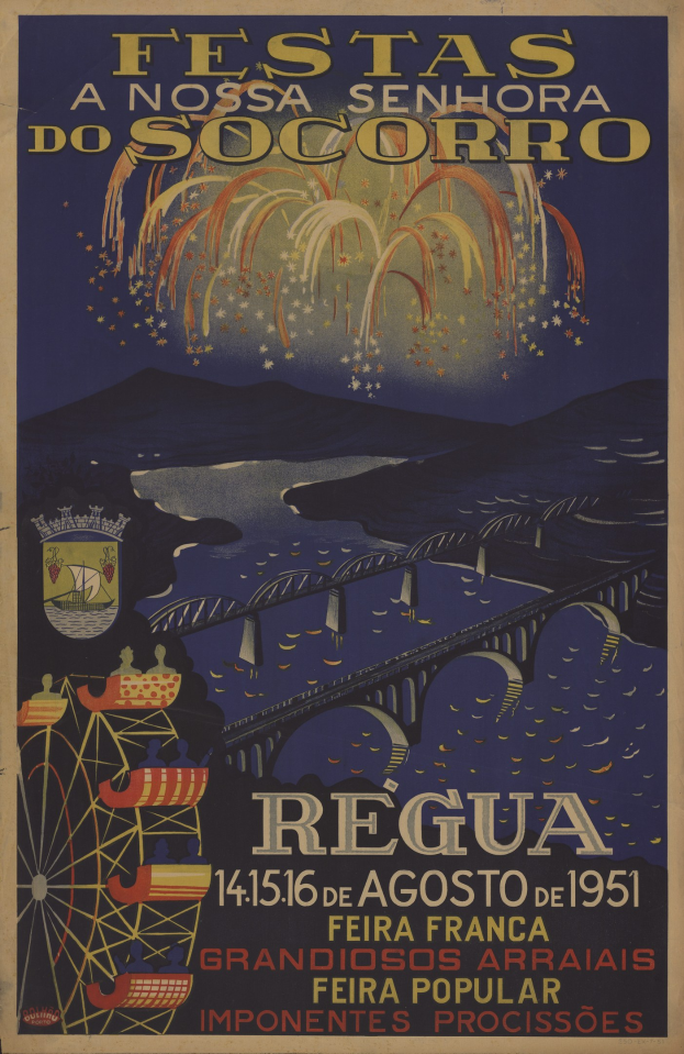 Festivalplakat in Brasilien mit einer Brücke über Wasser, Hügel im Hintergrund und Feuerwerk, mit Text zu den Festivaldetails.