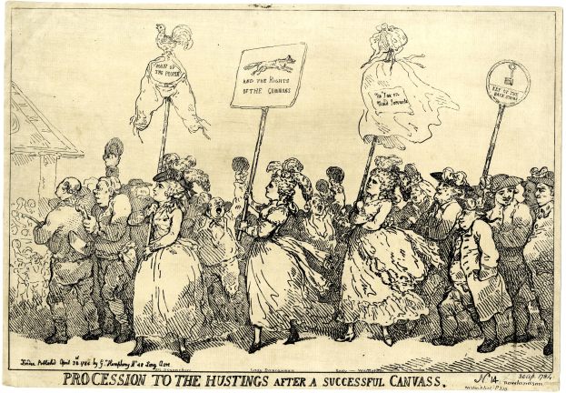 Eine Zeichnung einer Menge von Menschen mit Schildern mit Text, betitelt "Prozession zum Wahllokal Nach einem erfolgreichen Canvas."