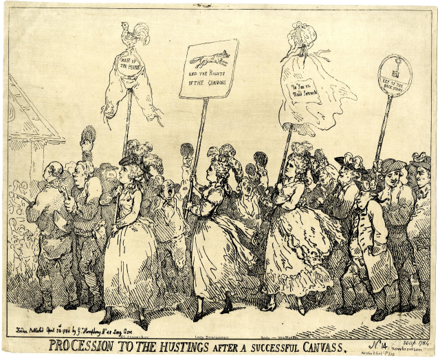 Eine Zeichnung einer Menge von Menschen mit Schildern mit Text, betitelt "Prozession zum Wahllokal Nach einem erfolgreichen Canvas."