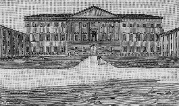 Schwarze und weiße Zeichnung des Houses of Commons in London, England, mit Menschen, die davor gehen und Text unten, der 'The House of Commons, London, England' liest.