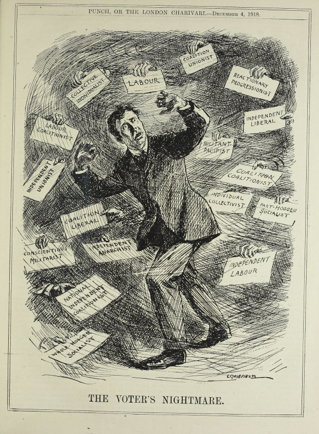 Ein Mann im Anzug und mit Krawatte hält ein Schild mit der Aufschrift "Der Albtraum des Wählers" und hat einen entschlossenen Gesichtsausdruck.