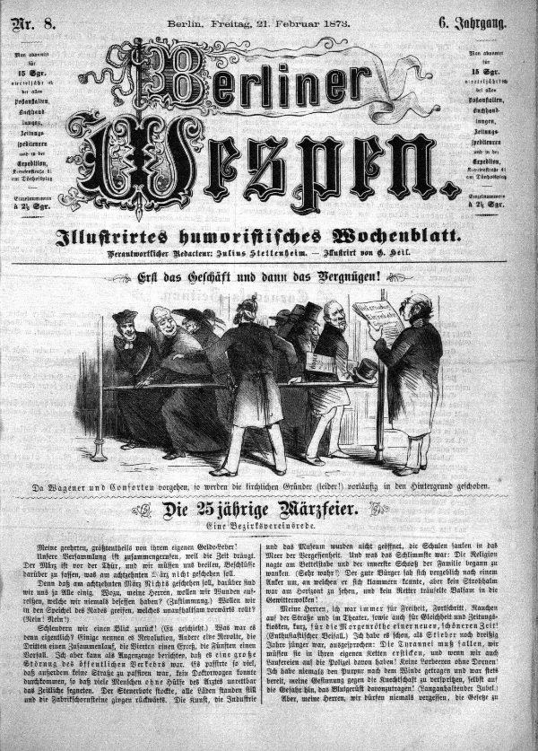 Alte deutsche Zeitung "Berliner Wespen" vom 21. Februar 1873 mit einer Gruppe von Menschen in traditioneller deutscher Kleidung, die sich unterhalten, mit deutscher Textbeschreibung des Ereignisses.