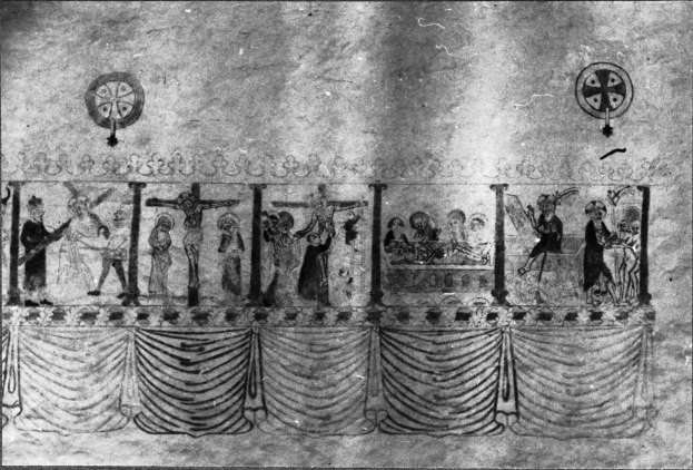 Eine Schwarz-Weiß-Zeichnung einer Gruppe von Menschen auf einer Bühne in Not, mit einer leeren Wand im Hintergrund und einem Vorhang unten.