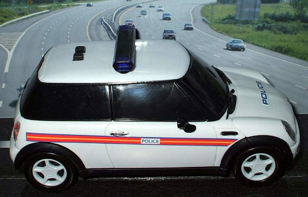 Ein weißes Polizeiauto steht im Vordergrund, mit vielen Autos auf der Straße dahinter, umgeben von Gras und Bäumen auf beiden Seiten.