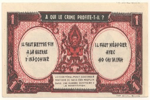 Alte französische Banknote mit ernstem Mann in Anzug, Text "A qui le crime profite-il?" und schwarzem Rand auf weißem Hintergrund.
