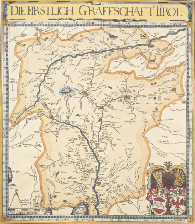 Ein historisches Plakat der ersten deutschen Grafschaft Tirol-Karte, das geografische Merkmale wie Flüsse, Berge und Städte zeigt, sowie begleitenden Text über die Region und ihre Bewohner.
