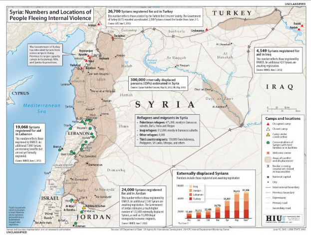 Ein Plakat mit einer Karte von Syrien und Datenvisualisierungen sowie Text über Menschen, die durch innere Gewalt vertrieben wurden.
