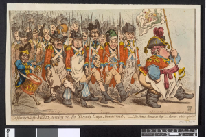 Eine Gruppe von Männern in Militäruniformen marschiert auf einer Straße, einer hält einen Stock, mit Text unten: "Zusätzliche Miliz, Ausmarsch für zwanzig Tage Vergnügen."