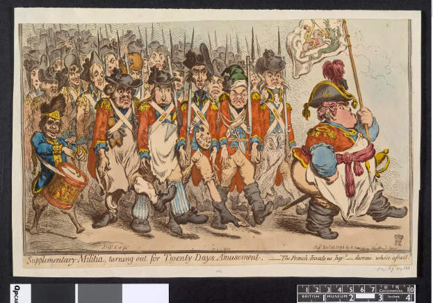 Eine Gruppe von Männern in Militäruniformen marschiert auf einer Straße, einer hält einen Stock, mit Text unten: "Zusätzliche Miliz, Ausmarsch für zwanzig Tage Vergnügen."