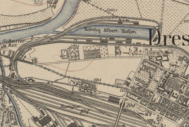 Ein altes Stadtplan von Dresden, Deutschland, mit einem Fluss, Gebäuden, Straßen und Text, der einen detaillierten Überblick über die Stadt bietet.