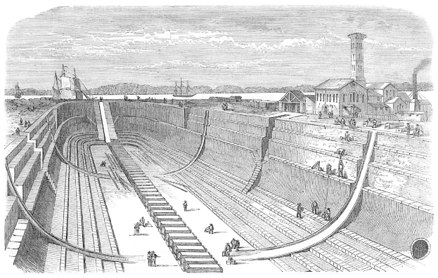 Schwarz-weiß-Zeichnung einer großen Talsperre mit Menschen darauf, umgeben von Gebäuden, Bäumen und einem bewölkten Himmel, mit dem Text "Wasserwerke in den Vereinigten Staaten" unten.