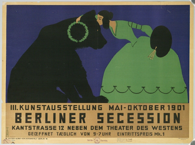 Plakat für die Berliner Secession mit einer Frau in grünem Kleid und einem Mann in schwarzem Anzug mit Textbeschreibung