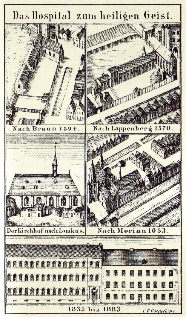 Eine detaillierte Plakatillustration eines deutschen Krankenhauses mit Gebäuden, die Fenster, Türen und Balkone aufweisen, begleitet von beschreibendem Text über seine Größe, Lage und Merkmale.