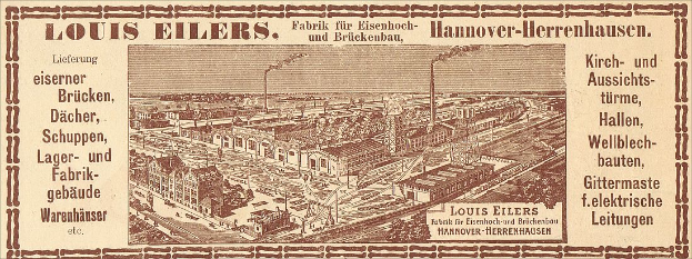 Eine alte Werbung für die Louis Eilers Hannover-Herrenhausen-Fabrik, die das Fabrikgebäude mit Textüberblattung zeigt.