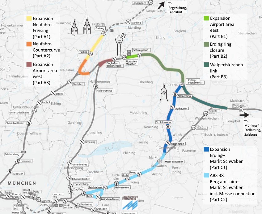 Ein detaillierter Stadtplan mit einer hervorgehobenen Zugroute von München nach Frankfurt, einschließlich Haltestellen und Umgebung, mit Text, der Zugdetails bereitstellt.