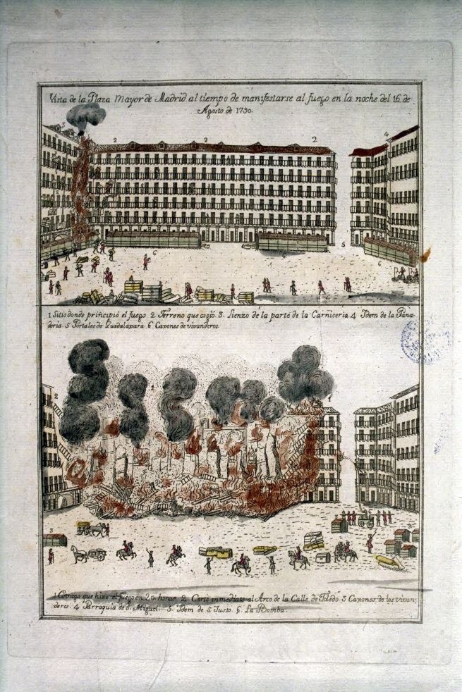 Eine Zeichnung, die eine Stadtlandschaft mit brennenden und rauchenden Gebäuden zeigt, neben verstreuten Bildern von Menschen, Gegenständen und Text auf dem Papier.