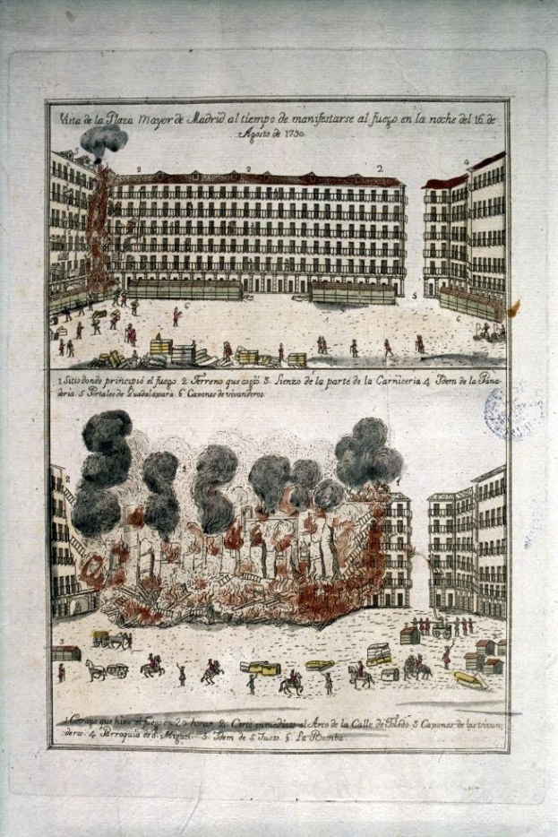 Eine Zeichnung, die eine Stadtlandschaft mit brennenden und rauchenden Gebäuden zeigt, neben verstreuten Bildern von Menschen, Gegenständen und Text auf dem Papier.