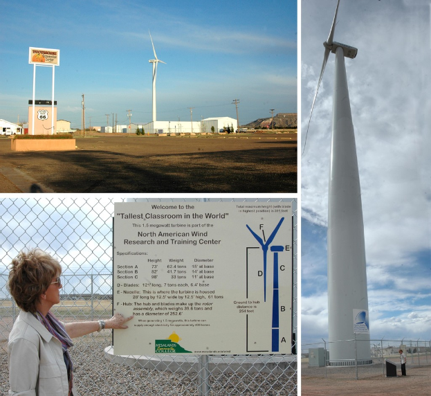 Ein Collage-Bild mit Windrädern, Strommasten, Kabeln, Gebäuden, Hügeln, einem bewölkten Himmel, einer Person am Boden, Infotafeln und Bäumen.