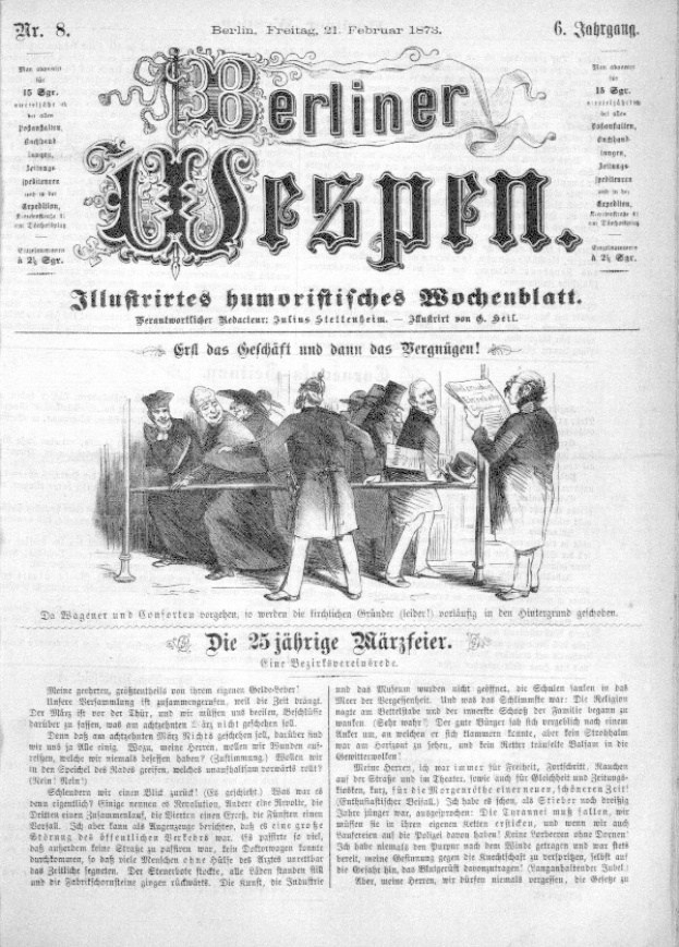 Eine alte deutsche Zeitung namens 'Berliner Wespen' vom 21. Februar 1873 mit einem Foto einer Gruppe von Menschen in traditioneller deutscher Kleidung in einem Gespräch