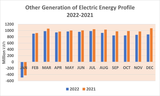 Liniengraph, der den Erzeugungsprofil des elektrischen Stroms von 2021 bis 2022 zeigt, mit begleitendem erklärendem Text.