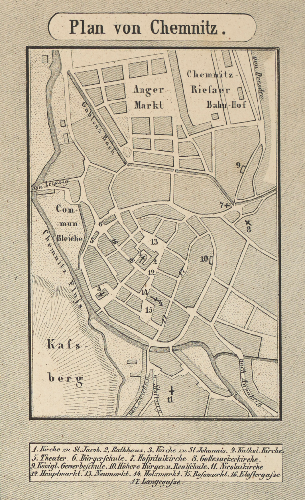 Ein detaillierter Stadtplan von Chemnitz, Deutschland, auf Papier mit darauf geschriebenem Text, der Straßen, Gebäude und Sehenswürdigkeiten zeigt.