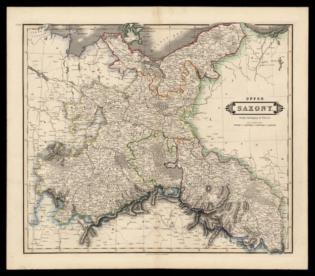 Ein detailliertes altes Sachsen-Karte von Deutschland auf einem schwarzen Hintergrund, die Provinzen, Städte und geografische Merkmale zeigt.