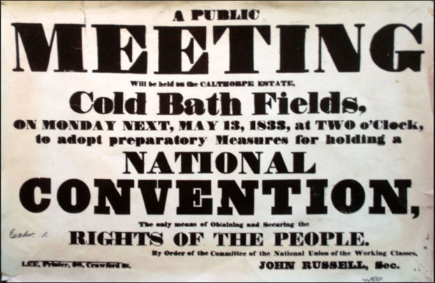 Schwarzes und weißes Plakat, das eine öffentliche Versammlung mit dem Titel 'Nationaler Kongress, Rechte des Volkes' in Cold Bath Fields ankündigt.