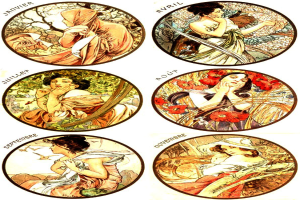 Ein Plakat mit sechs Frauen in verschiedenen Posen, mit fetter Schrift und einem dekorativen Rand, primarily in shades of blue, green, and yellow.