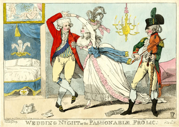 Eine Karikatur von einem Mann und einer Frau, die auf einer Hochzeit tanzen, beleuchtet von einem Kronleuchter, mit einem Bett, einem Wandrahmen und verschiedenen Gegenständen auf dem Boden; der Text unten lautet "Hochzeitsnacht oder das modebewusste Vergnügen".