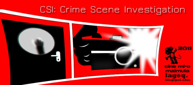 Rotes Plakat mit der Aufschrift "CSI: Crime Scene Investigation" in weißer, fetter Schrift, das einen Menschen in einer schwarzen Kapuzenjacke mit entschlossener Miene zeigt, umgeben von einem schwarzen und weißen Rahmen, vor einem dunklen blauen Hintergrund.