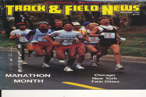 Ein Plakat, das eine Gruppe von Läufern auf einer Straße mit Bäumen und Gras zeigt, mit dem Text "Track & Field News Marathon Month" oben.