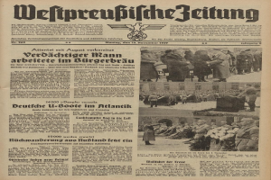 Schwarze und weiße Titelseite einer deutschen Zeitung vom 13. November 1939 mit der Schlagzeile "Weitpreubliche Zeitung" und einem Foto von Menschen in traditioneller deutscher Tracht in einer festlichen Umgebung.